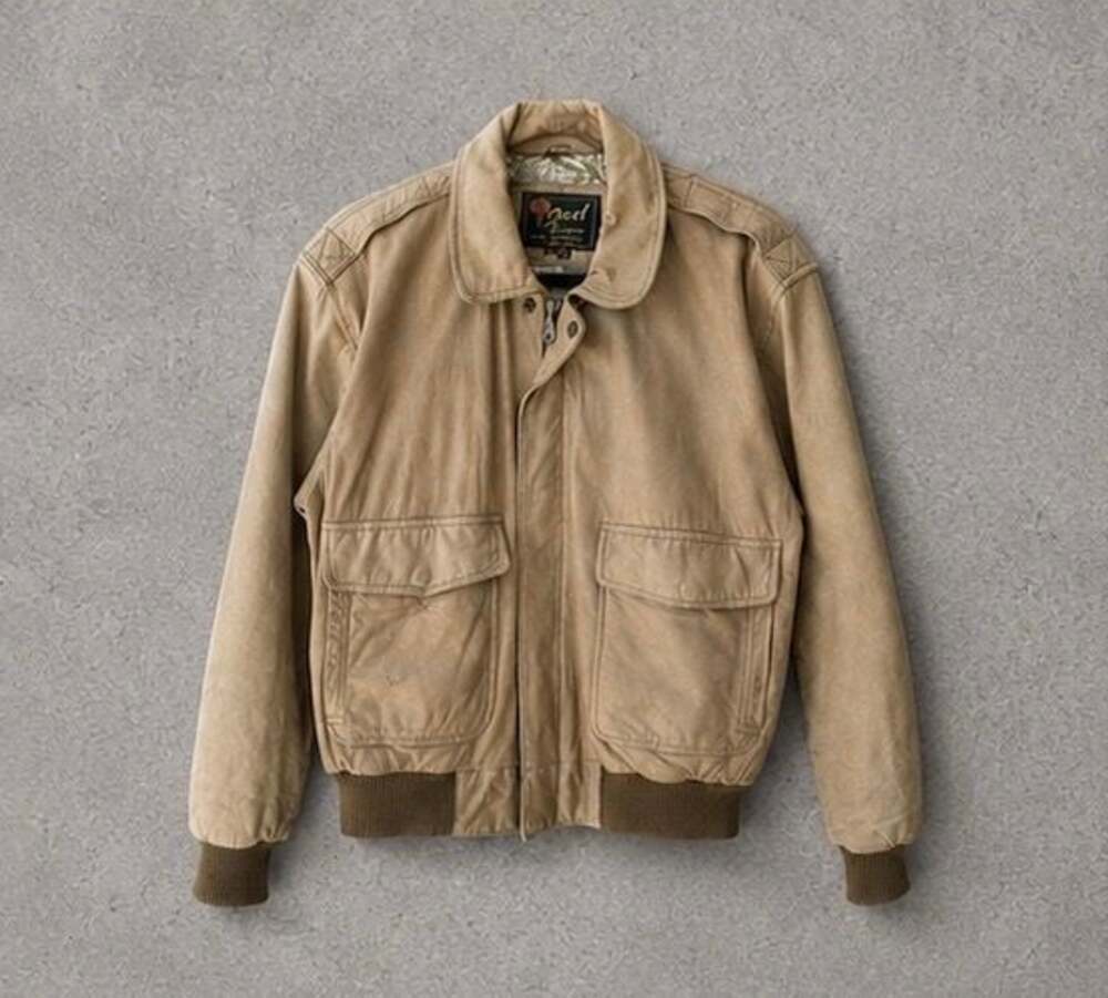 Vintage Reed Sportswear Leather Flight Bomber Jacket with Map Print Lining